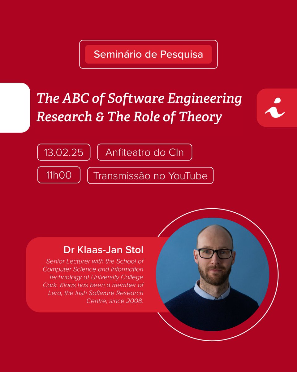 📢 CIn-UFPE recebe o pesquisador Klaas-Jan Stol para seminário sobre direções futuras para metodologias de pesquisa em Engenharia de Software!

Confira: portal.cin.ufpe.br/2025/02/05/cin…

#CInUFPE #EngenhariaDeSoftware #Oportunidade #Seminário