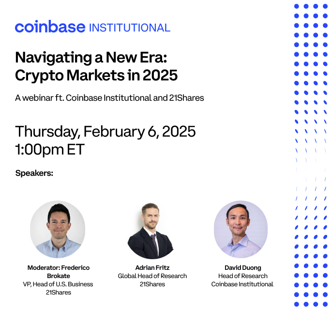 CoinbaseInsto's tweet photo. It’s a new era for crypto. 

Join @Fede_Brokate, @adrianwjfritz, and @davidduong today as they discuss why 2024 marked a turning point for crypto markets and what 2025 may bring.

Register now: 
https://t.co/5FU08IPM3m https://t.co/C0YSmCMZAR