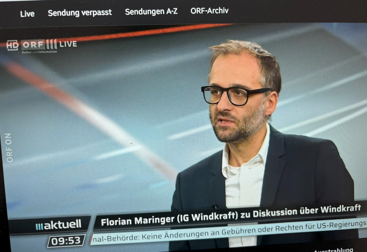 "Wir allen brauchen Energie, den Grundstoff unsres Wohlstands", so IG Windkraft-Geschäftsführer Florian Maringer heute bei ORFIII Aktuell. Desinformation und Unsicherheit sind das größte Problem. 
👉on.orf.at/video/14262277… 
#Versorgungssicherheit 
#Energiemix #IGWindkraft #ORFIII