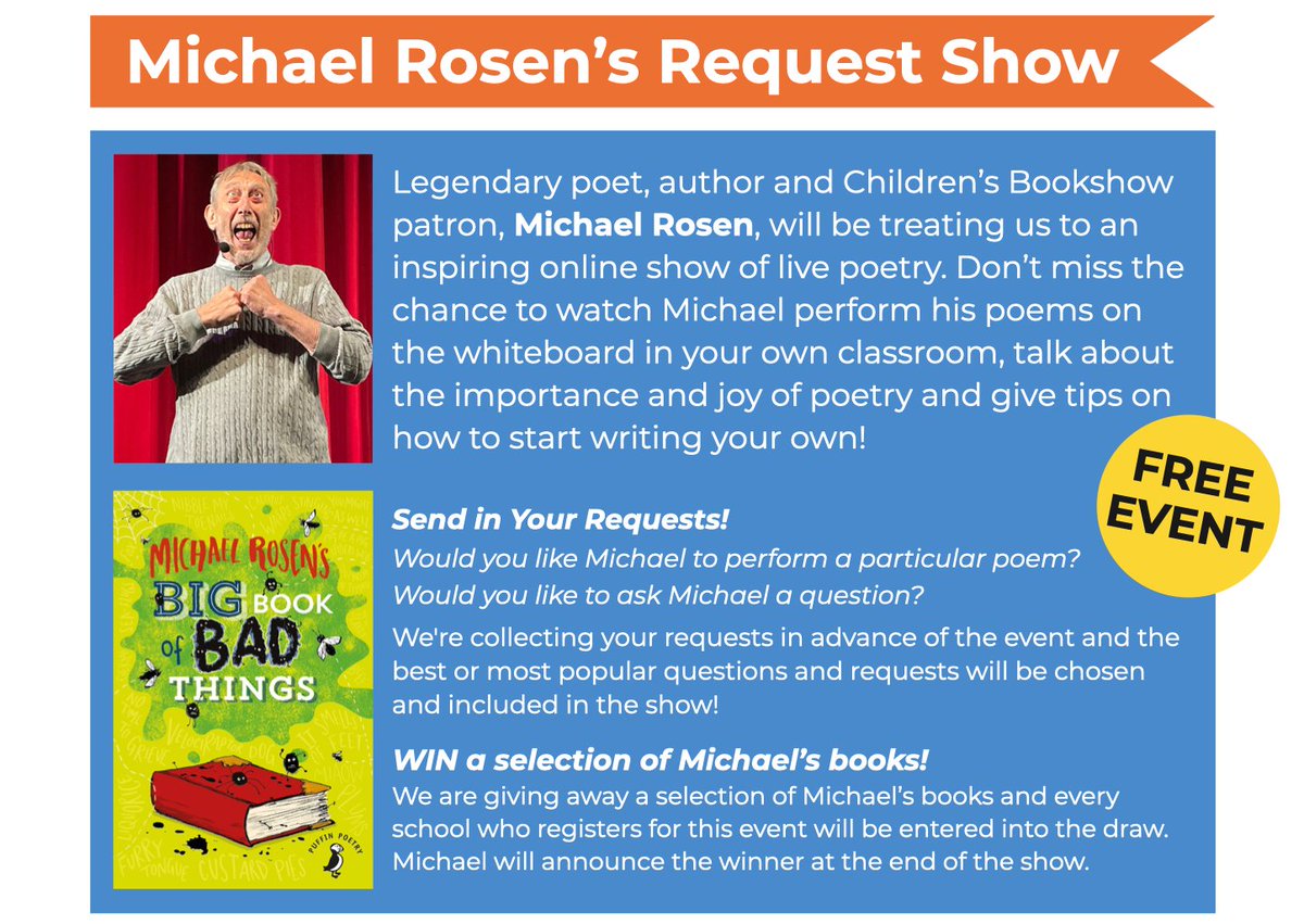 ChildrensBkShow's tweet image. We are delighted to be celebrating with @WorldBookDayUK and hosting an online event with @MichaelRosenYes on Thursday 6th March! Join us live for Michael Rosen's FREE Request Show and stream the joy of poetry into your school 👉 bit.ly/40PYXaa #primaryteachers #KS2