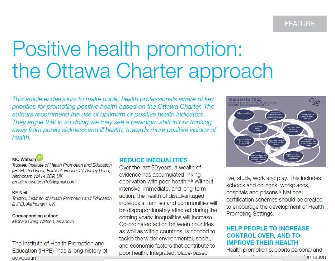 IHPE (Dr Michael Craig Watson - Trustee) (@institutehpe) on Twitter photo Positive health promotion: the Ottawa Charter approach
(Open access article)
journals.sagepub.com/doi/10.1177/17…
<a href="/IlonaKickbusch/">Ilona Kickbusch</a>
<a href="/WHO/">World Health Organization (WHO)</a>
<a href="/WHO_Europe_HCN/">Healthy Cities Network</a>
<a href="/WHO_Europe/">WHO/Europe</a>
<a href="/R_S_P_H/">Royal Society for Public Health</a>
<a href="/FPH/">Faculty of Public Health</a>
<a href="/ADPHUK/">Association of Directors of Public Health (ADPH)</a>
<a href="/iHealthVisiting/">iHV</a>
<a href="/TheMarmotReview/">IHE (Marmot Review)</a>
@rebeccaivers
<a href="/ahyder1/">Adnan Hyder</a>
<a href="/etiennekrug/">Etienne Krug</a>
<a href="/amyepeden/">Dr Amy Peden</a>
<a href="/mbrussoni/">Dr. Mariana Brussoni</a> Positive health promotion: the Ottawa Charter approach
(Open access article)
journals.sagepub.com/doi/10.1177/17…
<a href="/IlonaKickbusch/">Ilona Kickbusch</a>
<a href="/WHO/">World Health Organization (WHO)</a>
<a href="/WHO_Europe_HCN/">Healthy Cities Network</a>
<a href="/WHO_Europe/">WHO/Europe</a>
<a href="/R_S_P_H/">Royal Society for Public Health</a>
<a href="/FPH/">Faculty of Public Health</a>
<a href="/ADPHUK/">Association of Directors of Public Health (ADPH)</a>
<a href="/iHealthVisiting/">iHV</a>
<a href="/TheMarmotReview/">IHE (Marmot Review)</a>
@rebeccaivers
<a href="/ahyder1/">Adnan Hyder</a>
<a href="/etiennekrug/">Etienne Krug</a>
<a href="/amyepeden/">Dr Amy Peden</a>
<a href="/mbrussoni/">Dr. Mariana Brussoni</a>