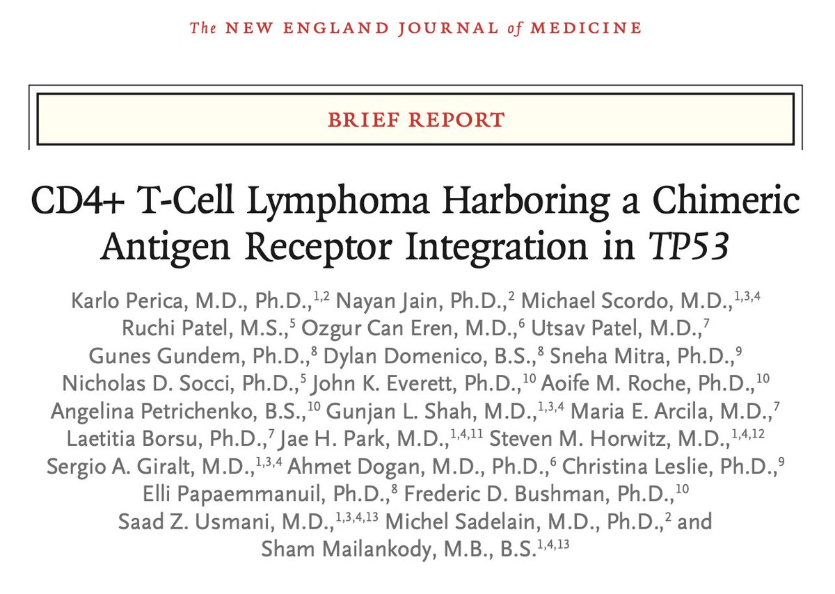 Rahul Banerjee, MD, FACP (@rahulbanerjeemd) on Twitter photo 1/ Sobering but important work in <a href="/NEJM/">NEJM</a> by <a href="/MScordoMD/">Michael Scordo</a> <a href="/szusmani/">Saad Z. Usmani MD MBA FACP 🇺🇸🇵🇰</a> et al: fatal case of enteric T-cell lymphoma following cilta-cel (#MMsm CAR-T) CAR integration into the TP53 locus.
One of few papers that informs clinical discussions the moment it comes out. My two takeaways: 1/ Sobering but important work in <a href="/NEJM/">NEJM</a> by <a href="/MScordoMD/">Michael Scordo</a> <a href="/szusmani/">Saad Z. Usmani MD MBA FACP 🇺🇸🇵🇰</a> et al: fatal case of enteric T-cell lymphoma following cilta-cel (#MMsm CAR-T) CAR integration into the TP53 locus.
One of few papers that informs clinical discussions the moment it comes out. My two takeaways: