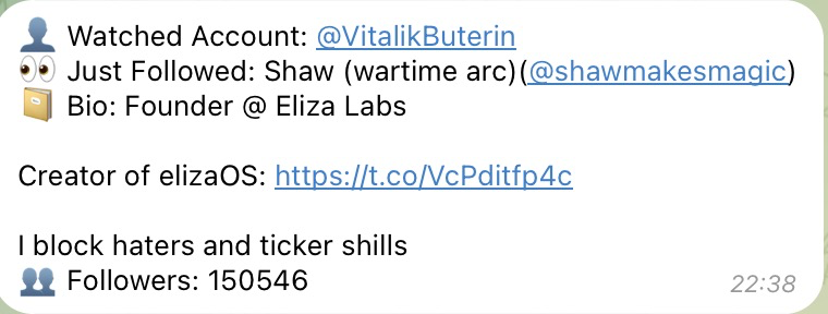 stillearly_'s tweet photo. What's the meaning

👤 Watched Account: @VitalikButerin
👀 Just Followed: Shaw (wartime arc)(@shawmakesmagic)
📔 Bio: Founder @ Eliza Labs

Creator of elizaOS: https://t.co/hkIeebYb9n

I block haters and ticker shills
👥 Followers: 150546