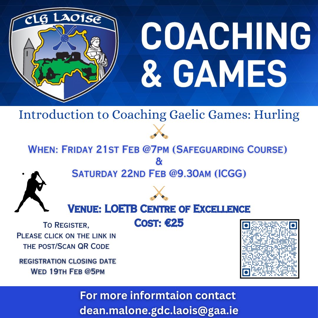 🥎📚 COACH ED 🥎📚

Introduction to Gaelic Games (Hurling) &amp; Safeguarding

📍 LOETB COE, Portlaoise

📆 Friday 21 Feb (Safeguarding)
⌚️ 7pm

📆 Saturday 22 Feb (ICGG)
⌚️ 9.30am

💶 €25

Register here: universe.com/events/laois-i…