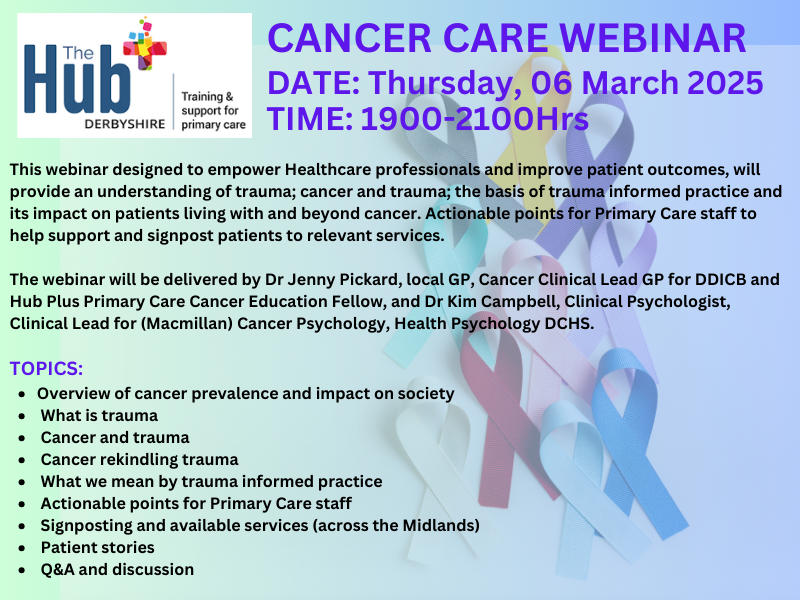 The Hub Derbyshire is hosting a Cancer Care Webinar on Thursday, 06 March 2025 at 1900-2100Hrs.
To register for your place, please click below:
us02web.zoom.us/meeting/regist…
<a href="/nhse/">steven hackett</a> <a href="/NHSE_WTE/">NHS England Workforce, Training and Education</a>  <a href="/StaffsStokeICS/">Staffordshire and Stoke-on-Trent ICS</a> <a href="/StaffsStokeICB/">Staffordshire and Stoke-on-Trent ICB</a> <a href="/SSOTPeopleTeam/">Staffs and Stoke Health and Care People Team</a>
