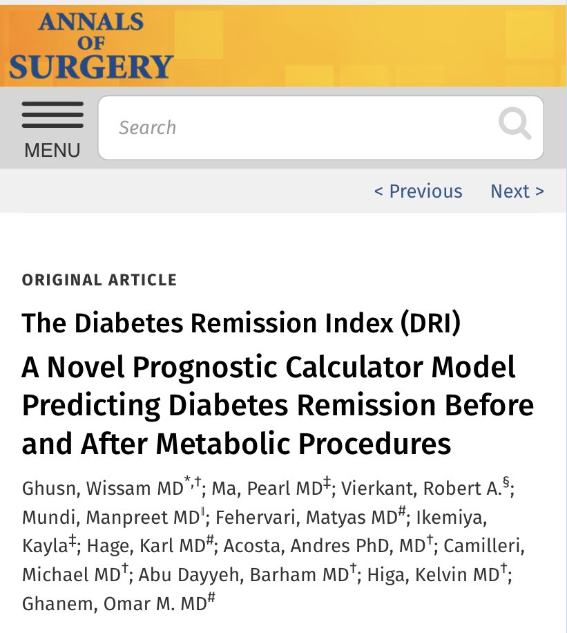 Wissam Ghusn (@wissam_ghusn) on Twitter photo The Diabetes Remission Index score is out! Great team effort to develop this model that will be a great tool for many patients with diabetes and undergoing bariatric procedures.
journals.lww.com/annalsofsurger…
<a href="/MayoClinic/">Mayo Clinic</a> <a href="/MayoClinicGIHep/">Mayo Clinic Gastroenterology & Hepatology</a> <a href="/OMGhanemMD/">Omar M Ghanem</a> The Diabetes Remission Index score is out! Great team effort to develop this model that will be a great tool for many patients with diabetes and undergoing bariatric procedures.
journals.lww.com/annalsofsurger…
<a href="/MayoClinic/">Mayo Clinic</a> <a href="/MayoClinicGIHep/">Mayo Clinic Gastroenterology & Hepatology</a> <a href="/OMGhanemMD/">Omar M Ghanem</a>