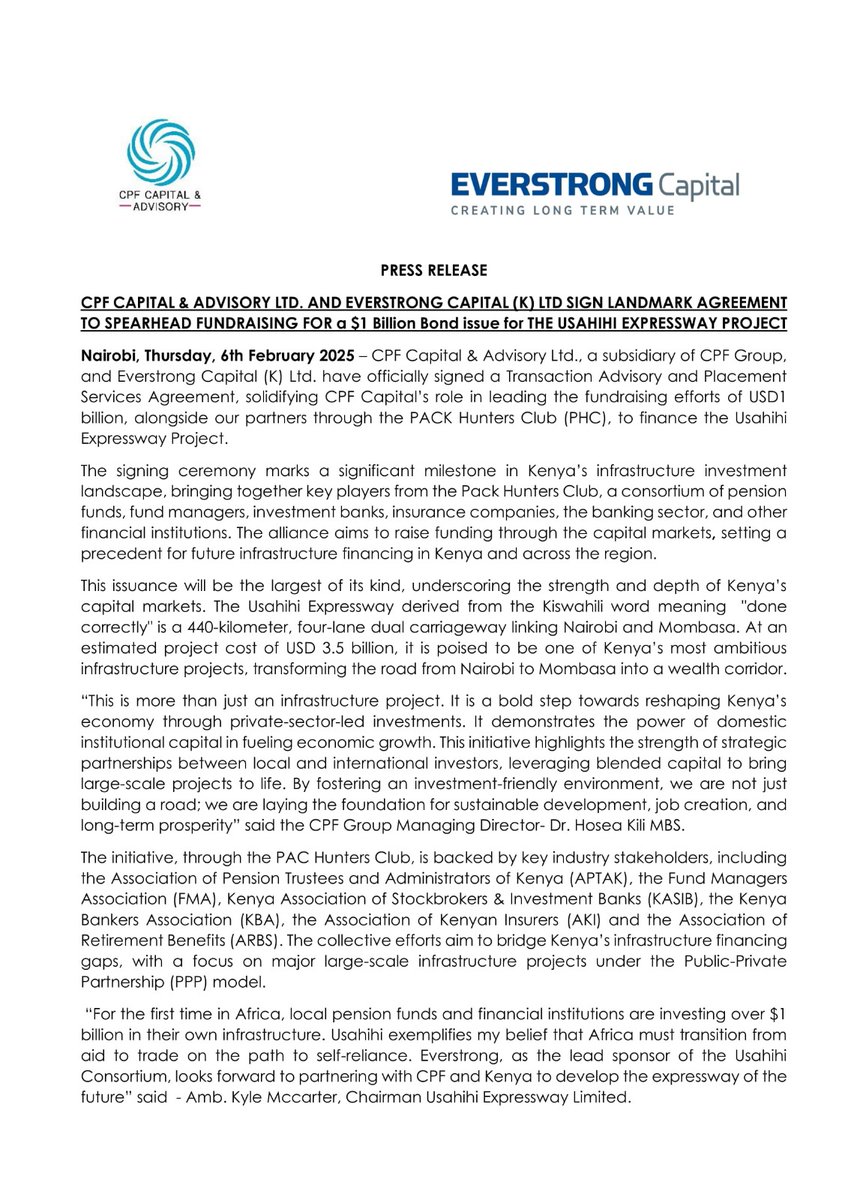 CPF Capital &amp; Advisory, in partnership with Everstrong Capital, has signed a Transaction Advisory &amp; Placement Services Agreement to lead a $1 billion capital raise for the 440-km Usahihi Expressway, a transformative four-lane highway connecting Nairobi and Mombasa. This ambitious