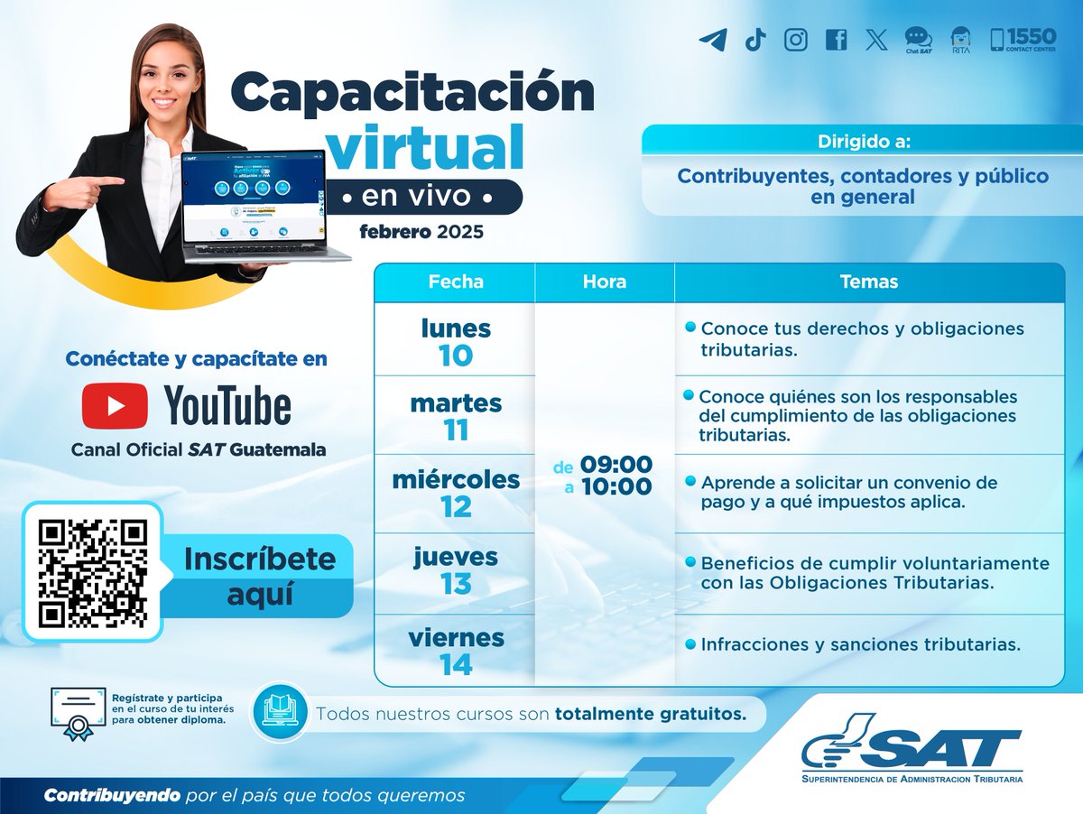 SATGT's tweet photo. 💻¡Capacitaciones virtuales!

Te invitamos a participar en las capacitaciones virtuales dirigidas a contribuyentes, contadores y público en general.

Inscríbete aquí ➡️ https://t.co/HBxFyXqT2H https://t.co/AGVWS563wC