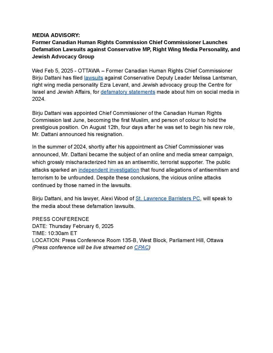 Fight back against Zionist repression in 🇨🇦:  
Intl human rights lawyer <a href="/BirjuDatta13869/">Birju Dattani</a> has filed suit against <a href="/CIJAinfo/">CIJA</a>, <a href="/MelissaLantsman/">Melissa Lantsman</a> &amp; others for a malicious campaign falsely characterizing him as an antisemitic supporter of terrorism.
His win will be a win for us all.