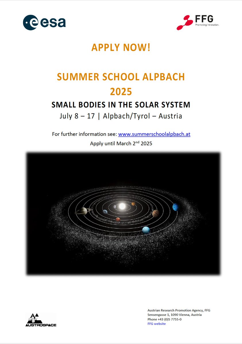 International Space Science Institute (ISSI) (@issibern) on Twitter photo Great Opportunity for European science and engineering students and graduates: Applications are now open for the Alpbach Summer School (8–17 July 2025)!
The topic is Small bodies in the Solar System <a href="/esascience/">ESA Science</a> <a href="/AustriaSpace/">AustriaInSpace</a>
Details and Applications: summerschoolalpbach.at/index.php?file… Great Opportunity for European science and engineering students and graduates: Applications are now open for the Alpbach Summer School (8–17 July 2025)!
The topic is Small bodies in the Solar System <a href="/esascience/">ESA Science</a> <a href="/AustriaSpace/">AustriaInSpace</a>
Details and Applications: summerschoolalpbach.at/index.php?file…