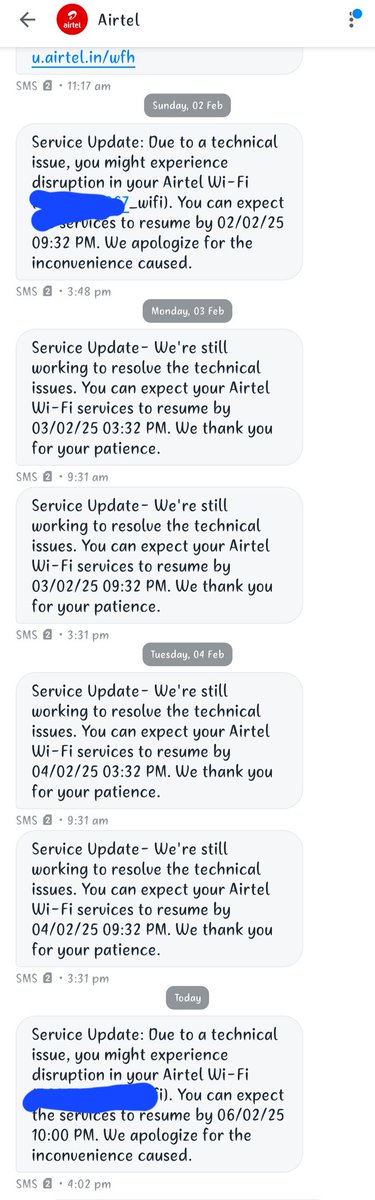 _smithesh's tweet photo. Sobha Amethyst, a housing society in Bangalore, has been facing fibrenet outages since the last few days affecting more than 50 users, and Airtel has no clue how to sort it out.
Classic case of incompetence.

@airtelindia, please do not start usual gimmicks asking for DM, there are scores of tickets raised and your team keeps sending message every day (see attached) saying they are unable to resolve the issue.
Users now looking at alternative options.
Is this the service quality Airtel quite proudly advertises?
@Airtel_Presence 
@BangaloreMirror @timesofindia