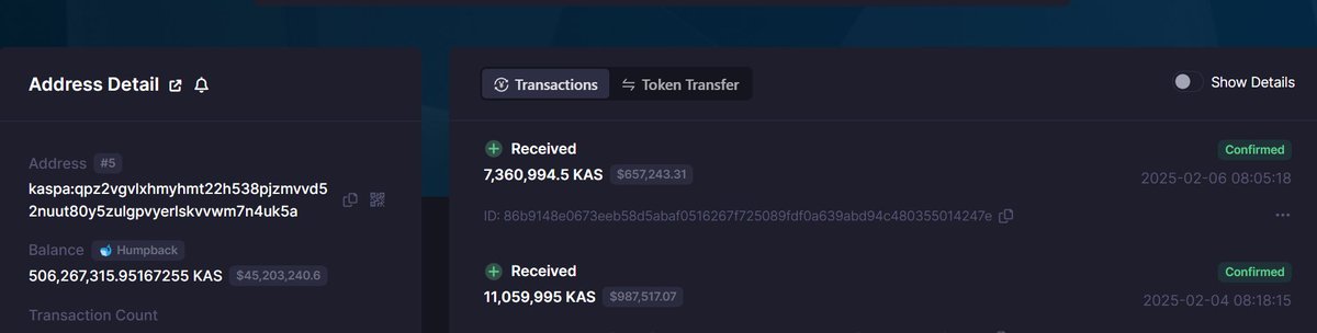 Wallet #5 is at it again. 7.3M $KAS was acquired while only 5.6M $KAS will be created today. The wallet now holds 506M $KAS.