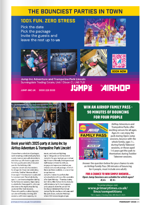 PTimesLincs's tweet image. 📢 Primary Times Lincolnshire – February Half-Term Issue!
Half-term fun starts here! 🎉 Find events, days out &amp;amp; exclusive discounts inside our FREE guide! 
Coming home wit the children or read it online 👉 flickread.com/edition/html/6… #Lincolnshire #WhatsOnForKids