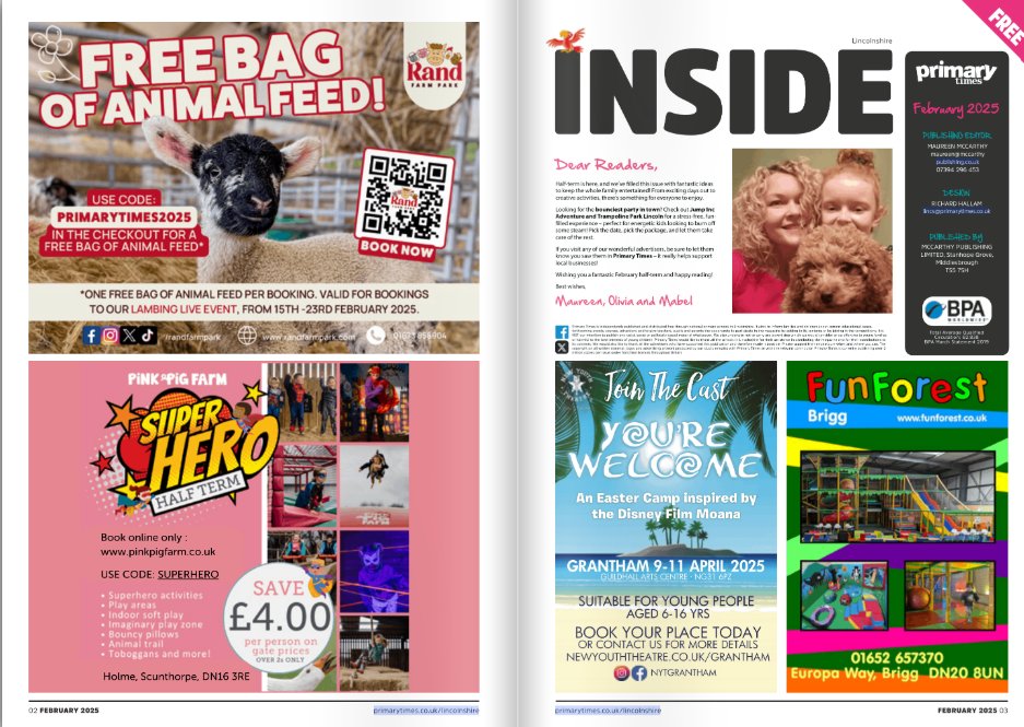 PTimesLincs's tweet image. 📢 Primary Times Lincolnshire – February Half-Term Issue!
Half-term fun starts here! 🎉 Find events, days out &amp;amp; exclusive discounts inside our FREE guide! 
Coming home wit the children or read it online 👉 flickread.com/edition/html/6… #Lincolnshire #WhatsOnForKids
