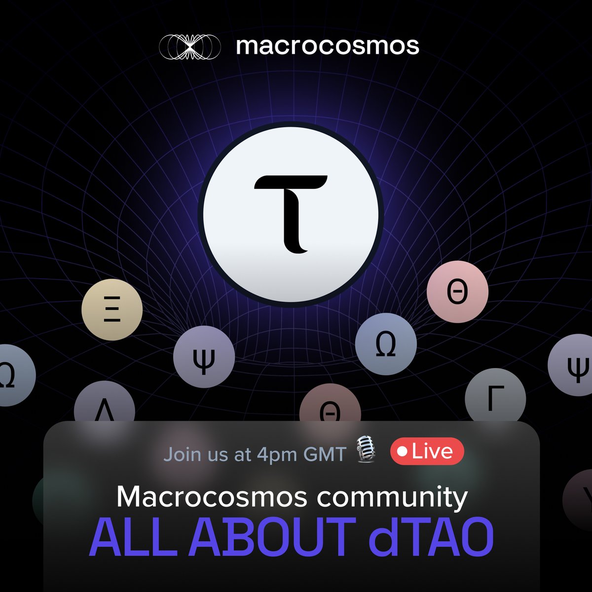 MacrocosmosAI's tweet photo. 📣 In just one hour we'll be hosting our community event all about dTAO

If you're still confused about dTAO and want to learn how this will affect the #Bittensor ecosystem and Macrocosmos, then be sure to tune in 🗣️

This is a Q&A event, making it the perfect place to get your questions heard 🎙️

https://t.co/upBuoDkywL