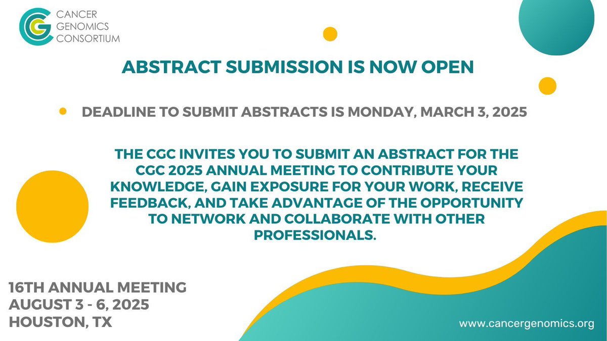 Reminder to submit your abstract for CGC 2025 Annual Meeting! Click here for more information: cancergenomics.org/meetings/abstr…