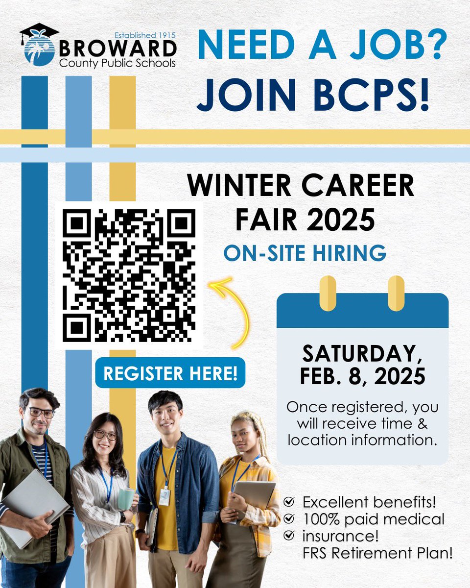 🍎BCPS is looking to fill instructional &amp; non-instructional roles for 2025: Teachers, Bus Drivers, Food Service, Custodians, Childcare Workers, Security, Classroom Support &amp; more on Sat, Feb 8th.

Must have authorization to work in the U.S

REGISTER NOW👉bcpscareers.com/career-fair-20…