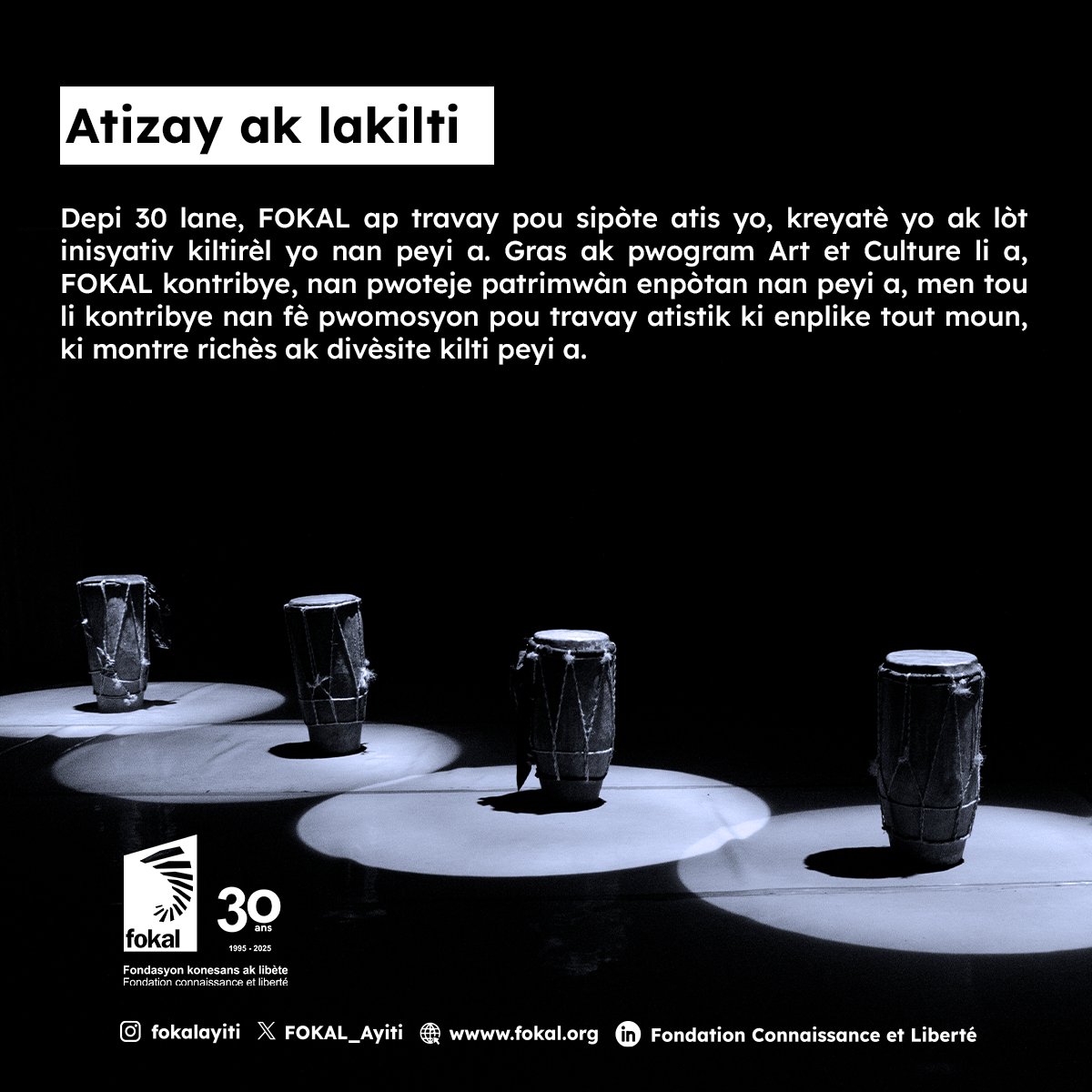 Depuis 30 ans, #FOKAL soutient les #artistes, les #créateurs et les initiatives culturelles haïtiennes. Son programme Art et Culture contribue à préserver un #patrimoine exceptionnel tout en encourageant une #créativité audacieuse et inclusive, reflet vibrant de l’âme haïtienne.
