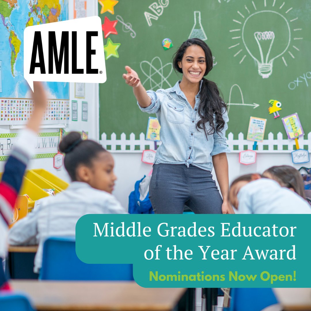 Do you know a colleague who has made a significant impact on the lives of young adolescents? Nominations are now open for the 2025 AMLE Middle Grades Educator of the Year Award! View the Nomination Form and submit by July 15, 2025 👉 ow.ly/t1UW50UU9Zn