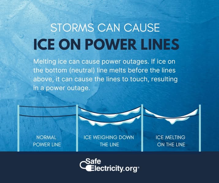 GrotonUtilities's tweet photo. Heavy snow and ice can bring down power lines. In fact, ice can increase the weight of branches by 30 times. That added weight on trees often make them snap, causing power outages and dangerous conditions. Stay safe by steering clear of downed power lines. https://t.co/DUX9EWvGUZ