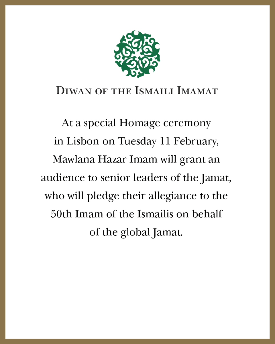 TheIsmaili's tweet photo. The funeral ceremony for Mawlana Shah Karim, our beloved 49th Imam, will take place at the Ismaili Centre Lisbon at 11:00 GMT on Saturday 8 February 2025. 

The event will be an intimate ceremony, open to invited guests only. Jamats will be represented by the 22 National Council presidents from around the world. It will be broadcast live on The Ismaili TV and arrangements have been made to screen the ceremony live at Jamatkhanas for the Jamat to take part in this historic and important ceremony. Timing and location details of the screening will be communicated by National Councils.

Thereafter, Mawlana Shah Karim will be laid to rest at a private burial ceremony in Aswan on Sunday 9 February. 

At a special Homage ceremony in Lisbon on Tuesday 11 February, Mawlana Hazar Imam will grant an audience to senior leaders of the Jamat, who will pledge their allegiance to the 50th Imam of the Ismailis on behalf of the global Jamat.

It is anticipated that Hazar Imam will ordain an update to the Ismaili constitution and bless the Jamat with Irshad Mubarak.

Arrangements have been made to screen the ceremony live at Jamatkhanas only for members of the Jamat to participate in this landmark moment in each of our lives. Timing and location details of the screening will be communicated by National Councils.

--
Please visit https://t.co/rHDswNKZyR for more information, subscribe to our email newsletter for updates, and visit The Ismaili TV for related programming.