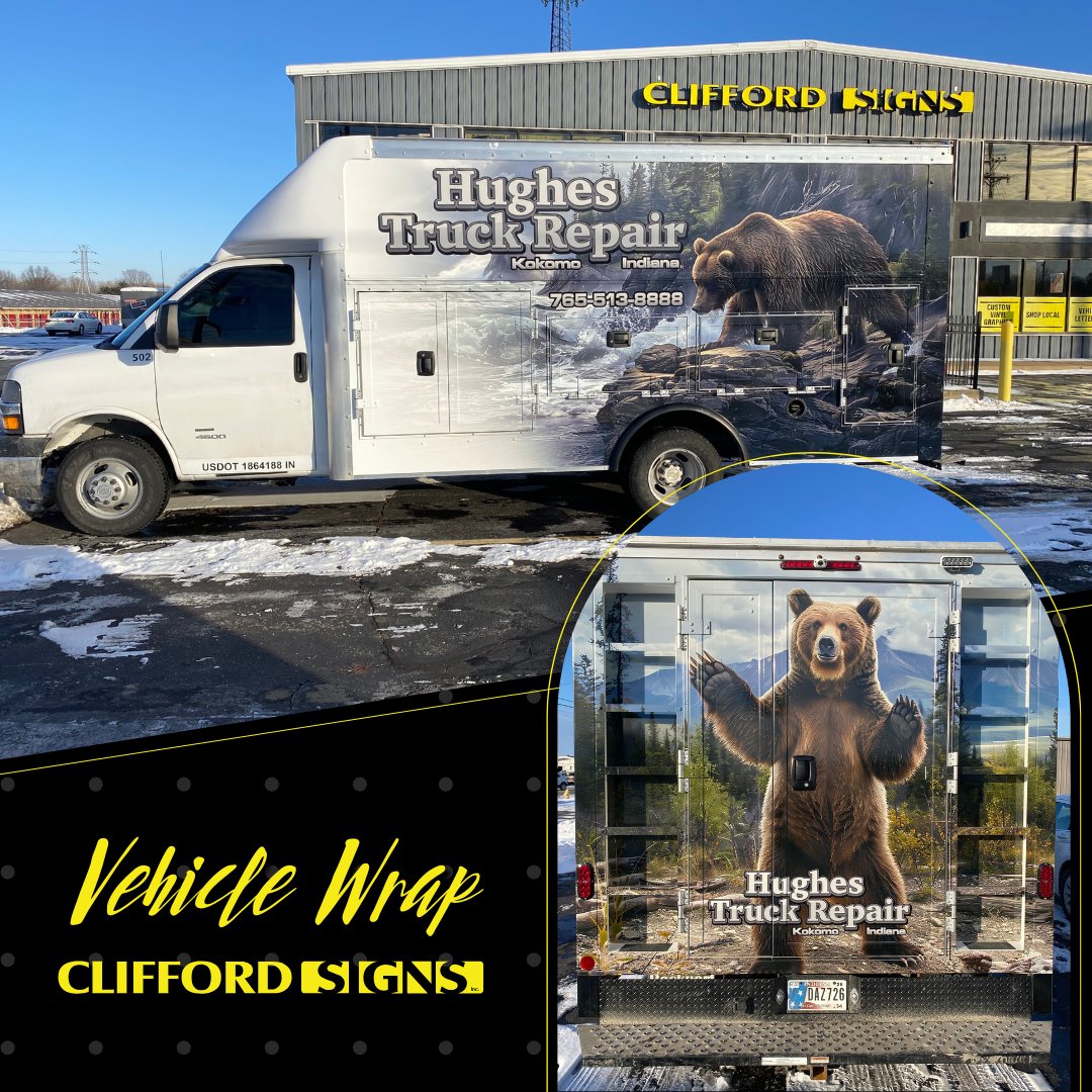 CliffordSigns's tweet photo. Talk about a wild #transformation! 🐻 This #VehicleWrap for Hughes Truck Repair is a true showstopper! 🚛 Our #installers nailed it with every detail. Ready to get your brand seen on the streets? Let’s make it happen! 🤩 #GetVisible #CliffordSigns #KokomoIndiana https://t.co/hwhuFpTk33