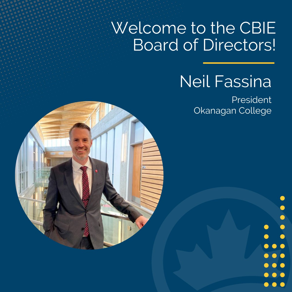 #CBIE extends a warm welcome to Neil Fassina, President of <a href="/OkanaganCollege/">Okanagan College</a>, as a new member of the CBIE Board of Directors. Learn more about the CBIE Board of Directors: loom.ly/TbgTdUw

#intled #cdnpse