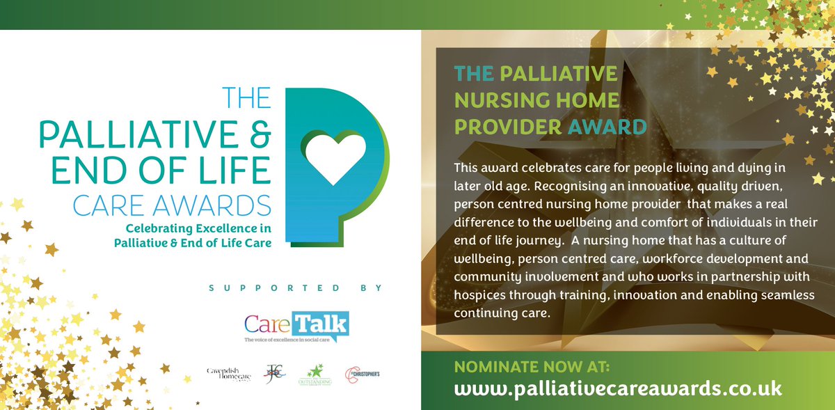 🏆 THE PALLIATIVE NURSING HOME PROVIDER AWARD 🏆

Are you a nursing home provider offering innovative, person-centred end-of-life care? 🌸

Do you collaborate with hospices through training, innovation, and seamless care continuity to enhance your residents' journey? 💙

Nominate