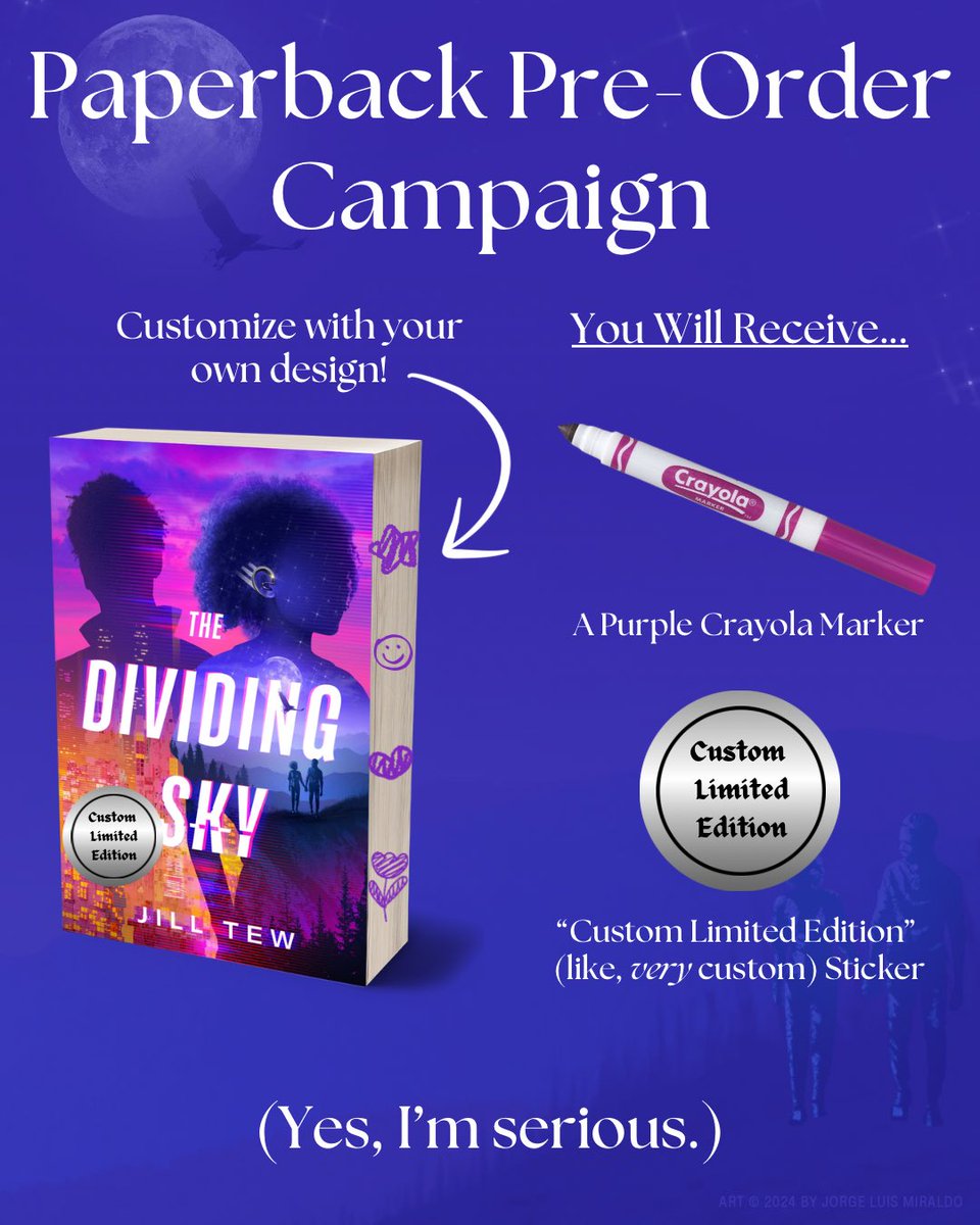 The Dividing Sky paperback is up for pre-order, featuring a limited edition with FULLY CUSTOMIZED EDGES!

With proof of purchase, I’ll send you one (1) purple Crayola marker for you to decorate the edges however you’d like. (1/2)