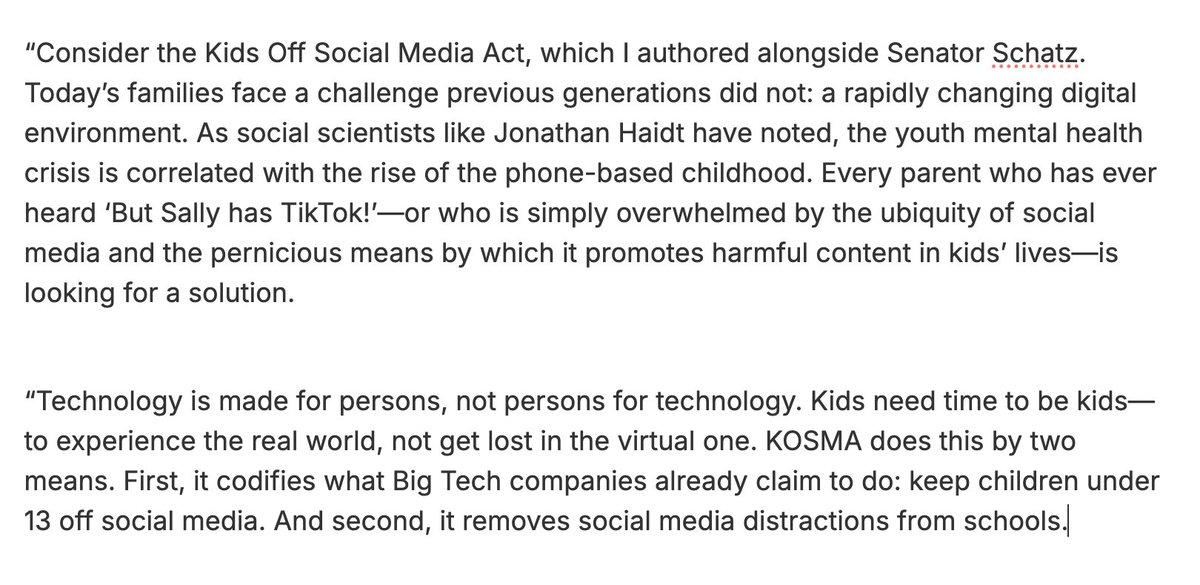 Jonathan Haidt (@jonhaidt) on Twitter photo Thank you <a href="/SenTedCruz/">Senator Ted Cruz</a> for all you are doing to restore a healthy childhood, including pressing social media companies to enforce their own age limits. "Kids need time to be kids."
This issue is completely bipartisan.
commerce.senate.gov/2025/2/sen-cru… Thank you <a href="/SenTedCruz/">Senator Ted Cruz</a> for all you are doing to restore a healthy childhood, including pressing social media companies to enforce their own age limits. "Kids need time to be kids."
This issue is completely bipartisan.
commerce.senate.gov/2025/2/sen-cru…