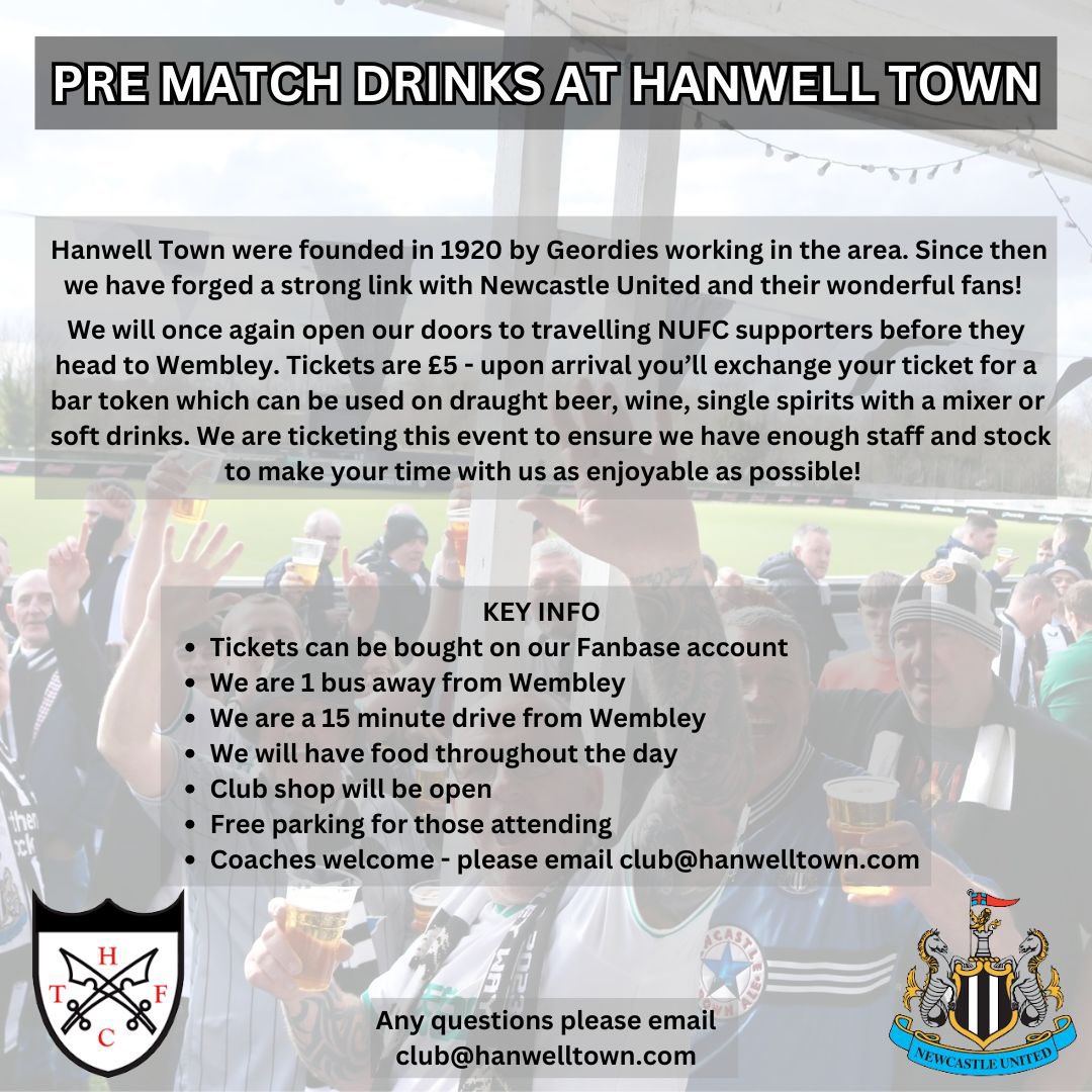 hanwelltownfc's tweet image. ‼️TICKETS OUT AT 5PM ‼️

Hanwell Town, The London Geordies 
📍 UB6 8TL

🚌 1 bus from Wembley 
🚖 15 minute drive (We can help arrange Ubers/Taxi’s)
🍔 Food throughout 
🛍️ Club shop open
🚘 FREE parking (subject to availability)
🚌 Coaches welcome - drop us an email