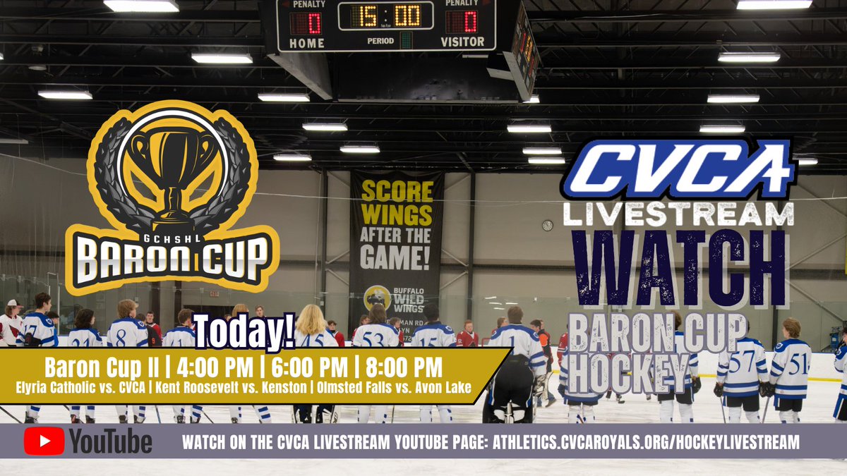 The puck drops on today's <a href="/gchshl/">GCHSHL</a> Baron Cup II Triple-header at 4:00 PM on the CVCA Livestream YouTube channel: athletics.cvcaroyals.org/hockeylivestre…

<a href="/CVCAHockey/">CVCA Hockey</a> <a href="/CVCAathletics/">Royals</a> <a href="/ECHSHockey/">Elyria Catholic Hockey Team</a> <a href="/HockeyRoosevelt/">Roosevelt Hockey</a> <a href="/KHSBomberSports/">Kenston Athletics</a> <a href="/Shoremenhockey/">Avon Lake Hockey</a> <a href="/OFHS_Hockey/">OFHS Hockey</a>