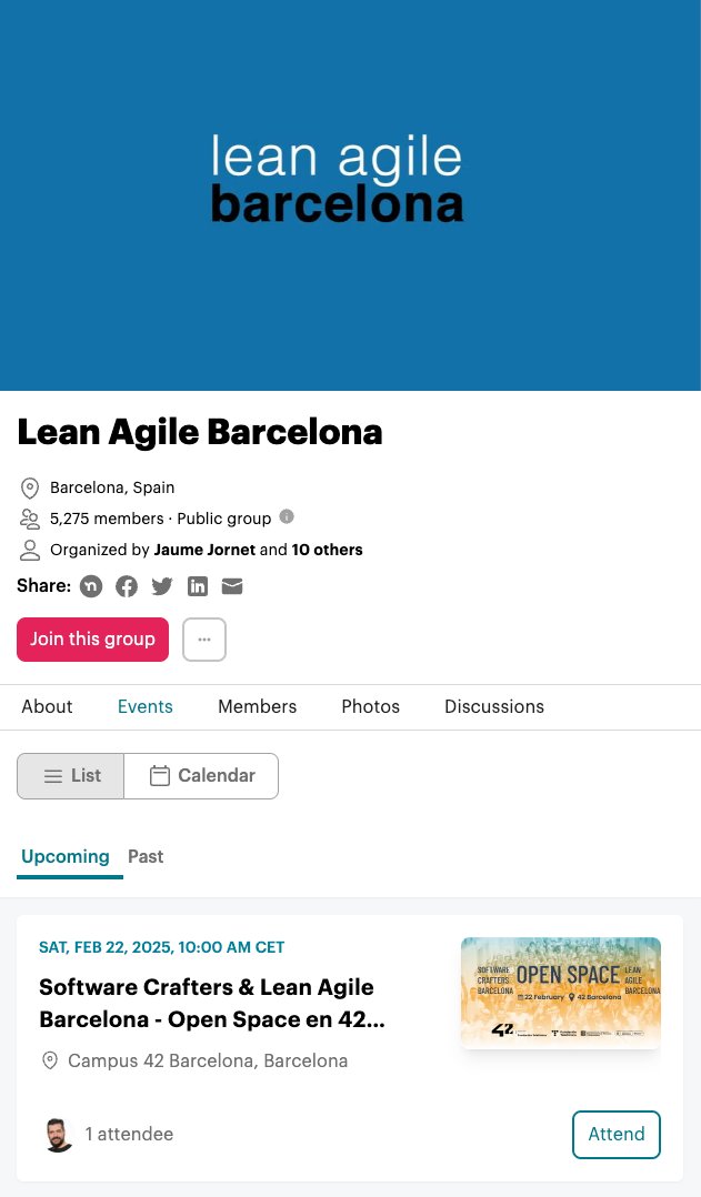 🦄 Software Crafters BCN 📅 24-25 de octubre 2025 (@bcnswcraft) on Twitter photo 🥳 ¡Y la buena gente de <a href="/leanagilebcn/">Lean Agile Barcelona</a> nos acompañará en el open space!
Recuerda:
📅22/02/2025 | 🕐10:00-14:00
📍<a href="/42BarcelonaFTef/">42 Barcelona</a> | 🎟️Gratis (aforo limitado)
eventbrite.es/e/1232058653599 🥳 ¡Y la buena gente de <a href="/leanagilebcn/">Lean Agile Barcelona</a> nos acompañará en el open space!
Recuerda:
📅22/02/2025 | 🕐10:00-14:00
📍<a href="/42BarcelonaFTef/">42 Barcelona</a> | 🎟️Gratis (aforo limitado)
eventbrite.es/e/1232058653599