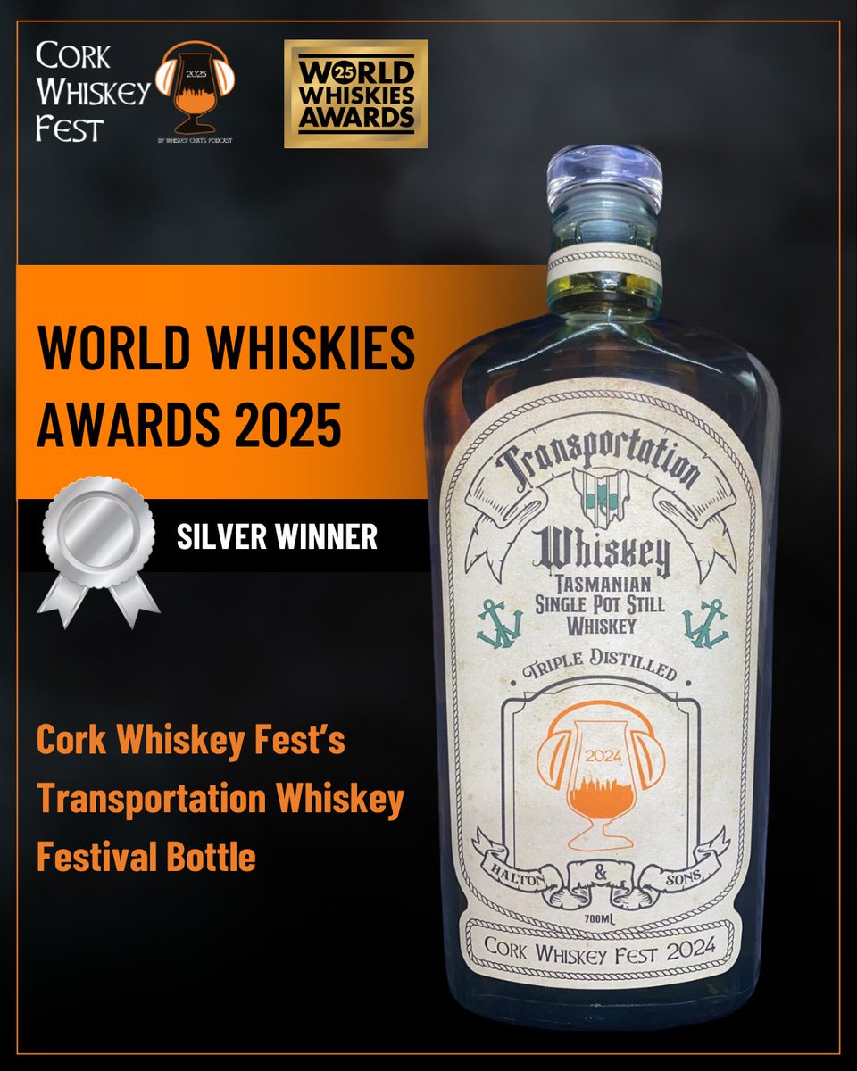 We’re so proud to bring home silver from the World Whiskies Awards 2025!  Our special edition bottle from last year - the ‘Cork Whiskey Fest Transportation Whiskey’ - won silver! 
Don’t miss out on this year’s festival bottle - it’s going to be really special.