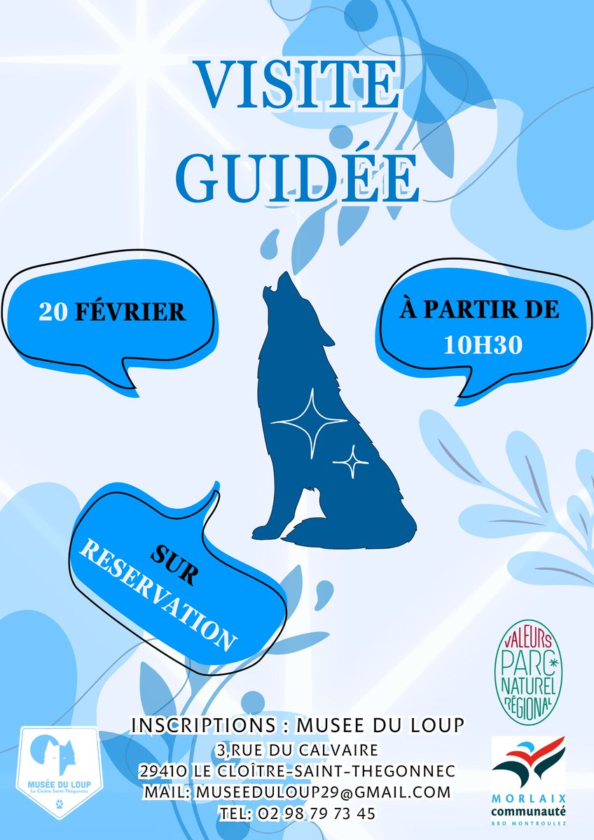 Pour ces vacances scolaires, une seconde visite guidée du musée aura lieu le 20 février à 10h30. 

Vous ne pouvez pas vous joindre à nous pour la visite du 13 ? Inscrivez-vous à celle-ci ! #museeduloup #loup #baiedemorlaixtourisme #finistere #montdarree