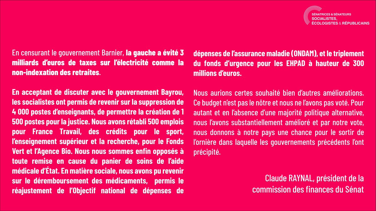 Sénatrices et sénateurs socialistes 🇪🇺 (@senateursps) on Twitter photo Le <a href="/partisocialiste/">Parti socialiste</a> a permis à la France d’avoir un budget pour 2025, un budget très imparfait que nous avons combattu, mais bien plus utile aux Français que la reconduite de celui de 2024 par le biais de la loi spéciale. Retrouvez la tribune de <a href="/ClaudeRaynal/">Claude Raynal</a> ⤵️ Le <a href="/partisocialiste/">Parti socialiste</a> a permis à la France d’avoir un budget pour 2025, un budget très imparfait que nous avons combattu, mais bien plus utile aux Français que la reconduite de celui de 2024 par le biais de la loi spéciale. Retrouvez la tribune de <a href="/ClaudeRaynal/">Claude Raynal</a> ⤵️