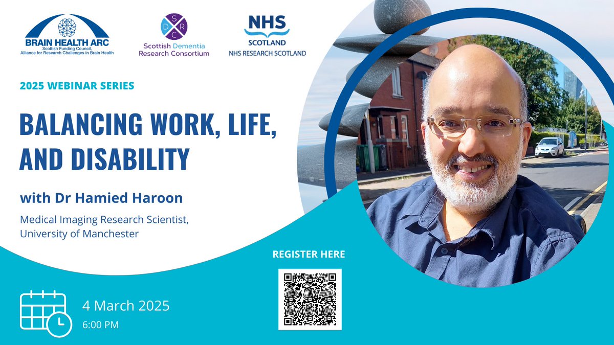 Brain Health ARC (@brainhealtharc) on Twitter photo 📢 Webinar announcement! Join Dr Hamied Haroon, Research Fellow in Quantitative Biomedical Magnetic Resonance Imaging at <a href="/ManchesterUniv/">Manchester University</a>, for his talk on Balancing Work, Life and Disability as a Research Scientist✨
📅 Tues 4 March, 6pm
Register here ➡️ bit.ly/4aL0Bi5 📢 Webinar announcement! Join Dr Hamied Haroon, Research Fellow in Quantitative Biomedical Magnetic Resonance Imaging at <a href="/ManchesterUniv/">Manchester University</a>, for his talk on Balancing Work, Life and Disability as a Research Scientist✨
📅 Tues 4 March, 6pm
Register here ➡️ bit.ly/4aL0Bi5