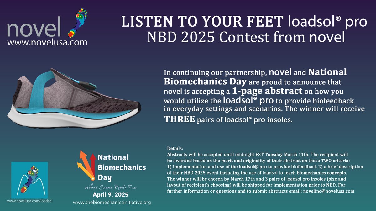 novel - Accurate force & pressure sensors (@novel_usa) on Twitter photo novel + <a href="/BiomechanicsDay/">National Biomechanics Day</a> are excited to announce another #loadsol pro contest: LISTEN TO YOUR FEET! 1-page abstracts due 3/11. Winner receives 3 pairs of loadsol pro insoles! novelusa.com/loadsol Details & tips: novelusa.com/NBD #NBD2025 #biofeedback #biomechanics #STEM novel + <a href="/BiomechanicsDay/">National Biomechanics Day</a> are excited to announce another #loadsol pro contest: LISTEN TO YOUR FEET! 1-page abstracts due 3/11. Winner receives 3 pairs of loadsol pro insoles! novelusa.com/loadsol Details & tips: novelusa.com/NBD #NBD2025 #biofeedback #biomechanics #STEM
