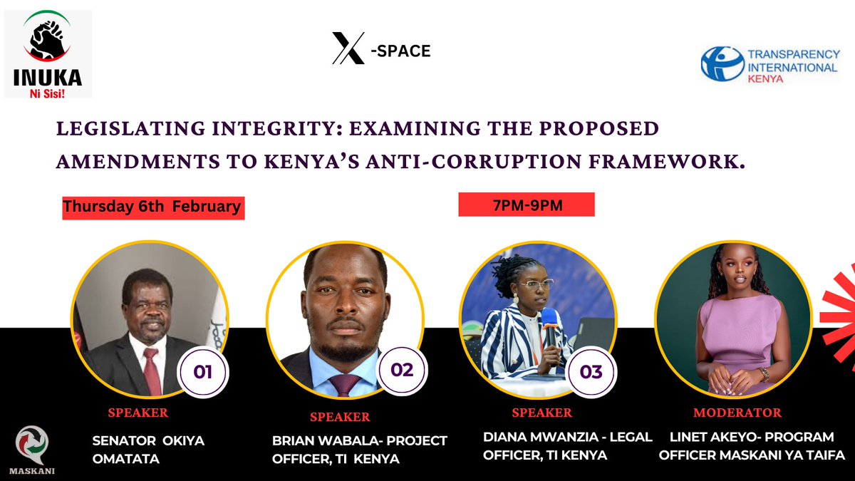 Shamir_Activist's tweet photo. Join @Maskani254 from tonight 7pm where we will delve into the proposed amendments to Kenya’s anti-corruption laws

Tougher penalties for economic crimes.
Citizen engagement: How can we influence the legislative process?
#EndCorruptionKe #AccountabilityNow
@OkiyaOmtatah @TIKenya https://t.co/kT0Jagt1YS