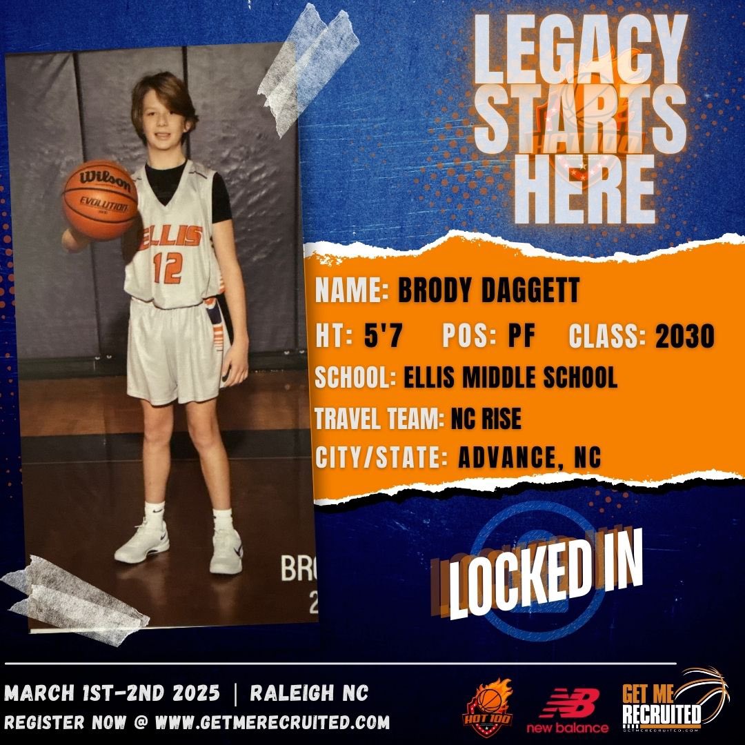 Brody Daggett (NC) is confirmed for the Hot 100 Middle School Showcase happening March 1-2nd, 2025 in Raleigh, NC!!!
#GMRHoops #Hot100 #GetMeRecruited