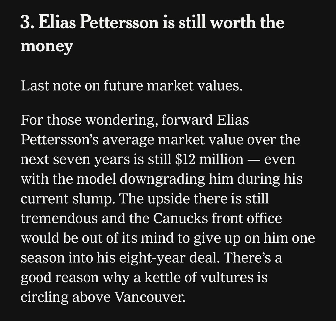 Sinochick's tweet photo. According to Dom L, @Canuck mgmt would be “out of their minds” to give up on Petey.  With rising salary cap, Petey’s 7 remaining years still has value over life of contract. @fr_aquilini 

#Canuck https://t.co/IMX7Fcn88g