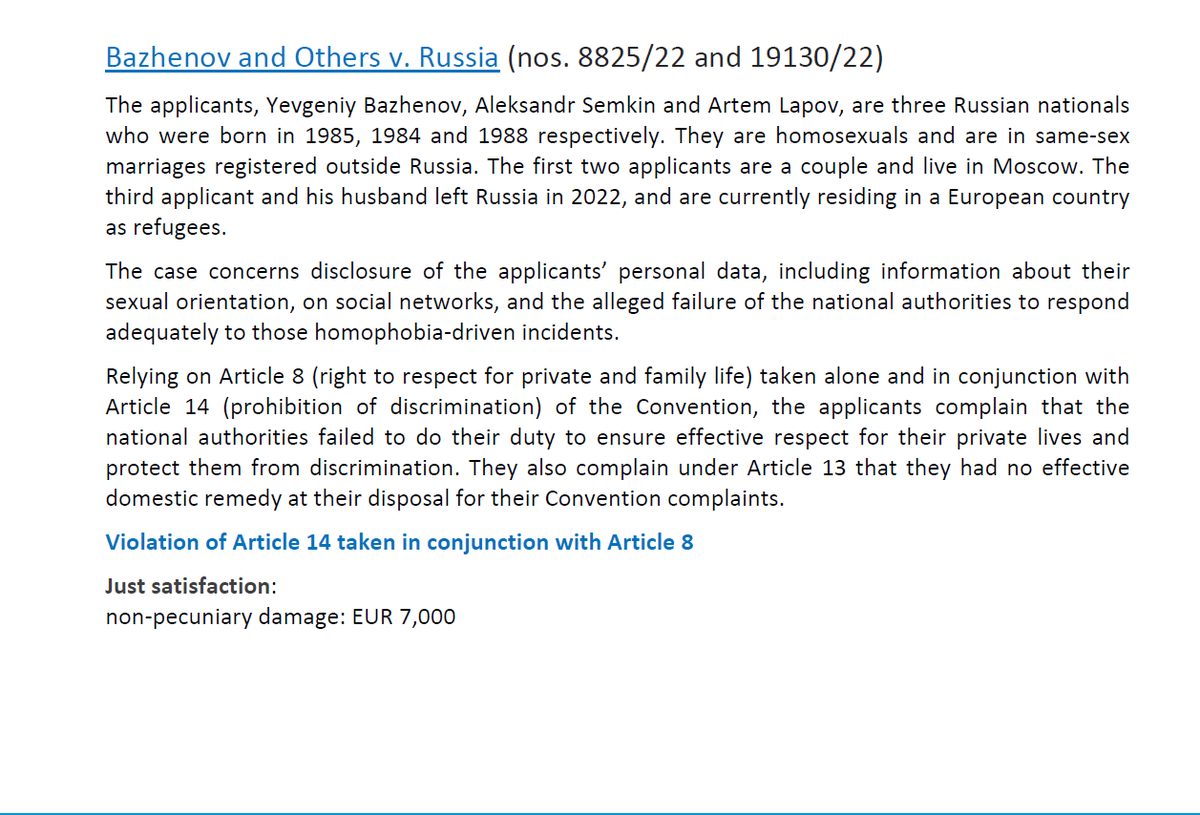 TomasHubinak's tweet photo. The European Court of Human Rights on tuesday condemned Russia for violating rights of #LGBTIQ + people in two separate cases. Another contribution of the @ECHR_CEDH  to the protection of the rights of #LGBTIQ + people and communities. https://t.co/N39ImpgqLy