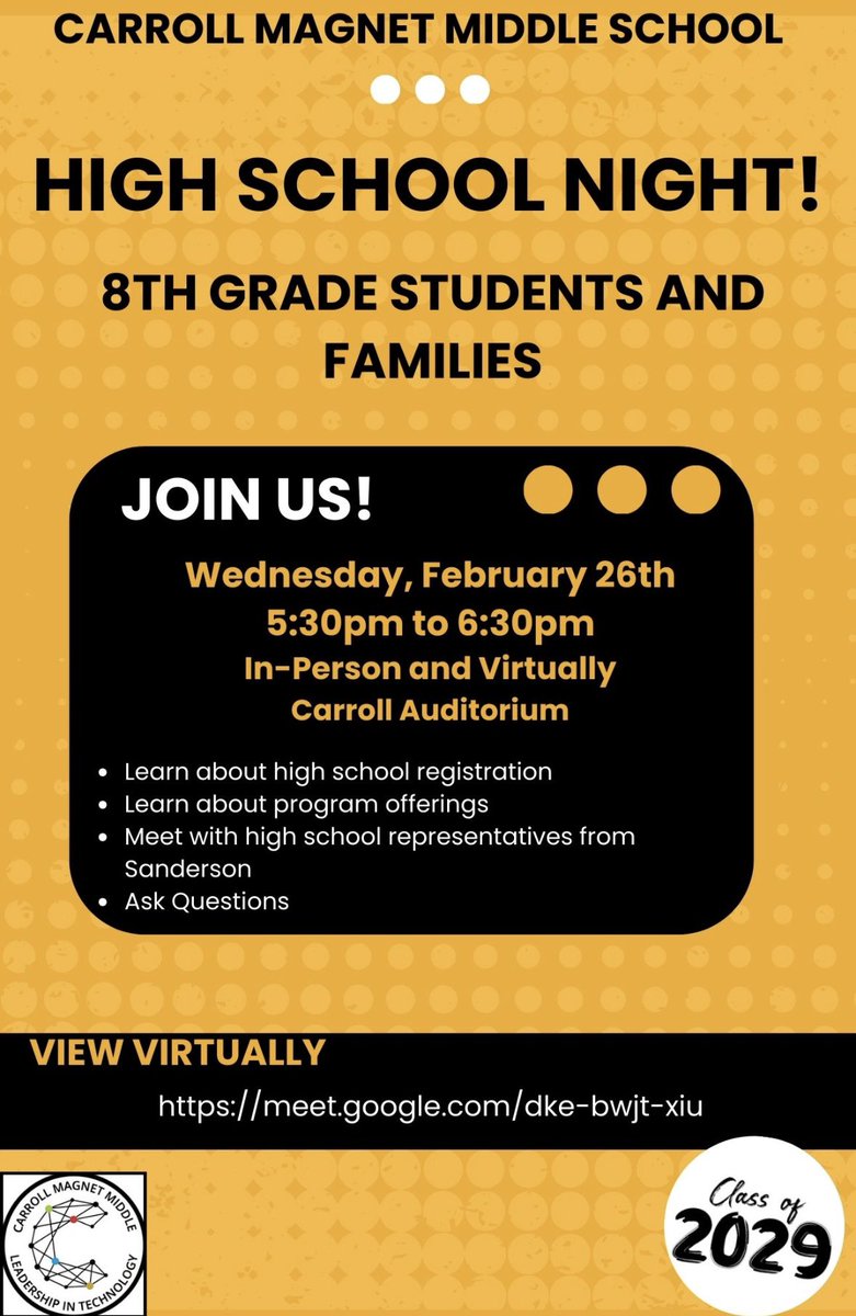 We are excited to host High School Night on Wednesday, February 26th at 5:30pm! This event will be held in-person and virtually. All 8th grade students and families are invited to attend and meet representatives from Sanderson HS! <a href="/CMMSCougars/">Carroll LT Magnet</a>