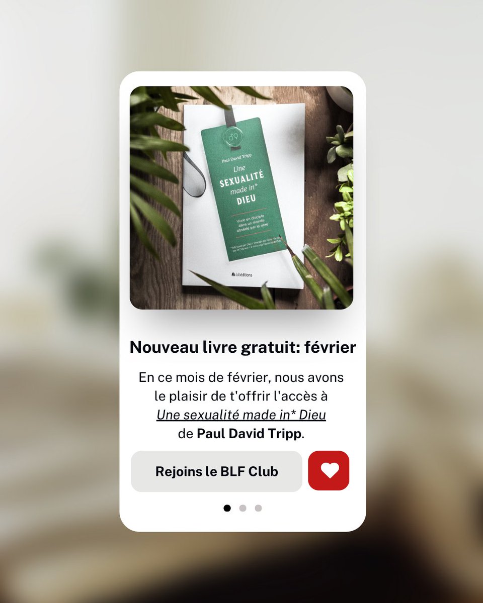 BLFEditions's tweet image. 🥰[NOUVEAU LIVRE GRATUIT] En ce mois de février, nous avons le plaisir de t&apos;offrir l&apos;accès à l&apos;ebook Une sexualité made in* Dieu de Paul David Tripp.
👉Pour lire ce livre, c&apos;est très simple, inscris-toi ici: blfeditions.com/club/