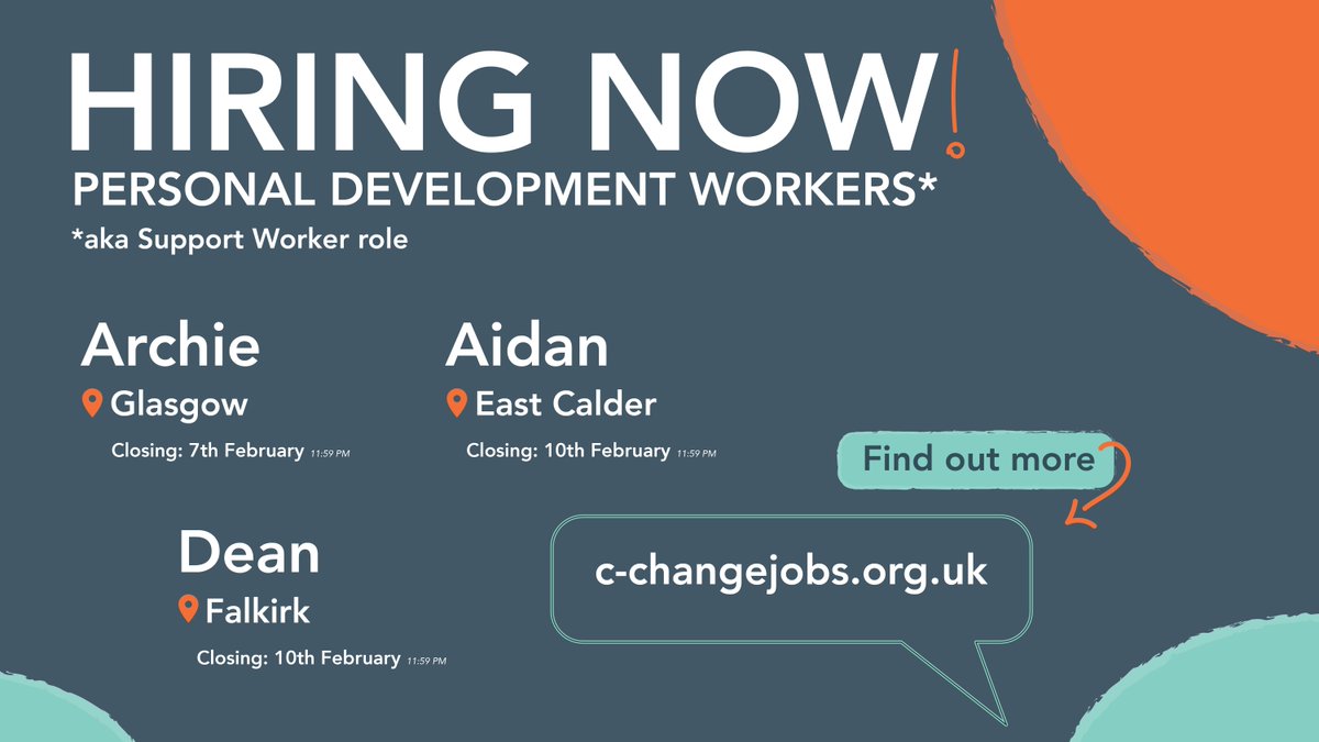 cchangescotland's tweet image. 🚨 We&apos;re Hiring! 🚨

Archie, Aidan &amp;amp; Dean are looking for Personal Development Workers to support them in living their best lives!

📍 Roles in Glasgow, East Calder &amp;amp; Falkirk
⏳ Apply now—deadlines closing soon!

👉 c-changejobs.org.uk

#SupportWorker #BetterIsPossible