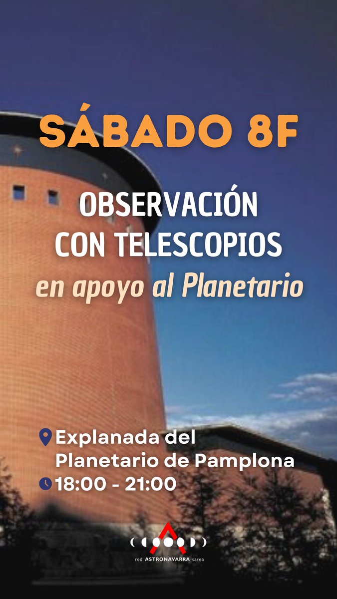 ✨🔭 Hemos preparado una observación astronómica con telescopios este sábado para mostrar nuestro apoyo al <a href="/pamplonetario/">Planetario Pamplona</a> por el terrible incendio de hace unas semanas. ¿Te unes? ¡Os esperamos!

📍 Explanada del Planetario de Pamplona
📅 Sábado 8 de febrero
🕕 18:00-21:00