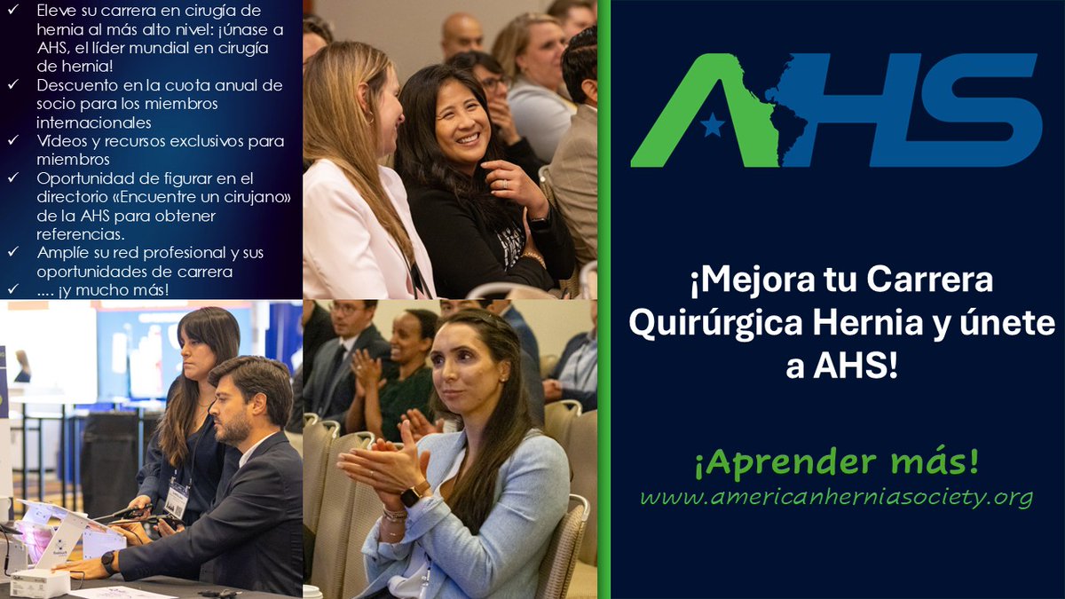 Eleve su carrera en cirugía de hernia al más alto nivel: ¡únase a AHS, el líder mundial en cirugía de hernia! Descuento en la cuota anual de socio para los miembros internacionales 🌎 tinyurl.com/575bc2ep