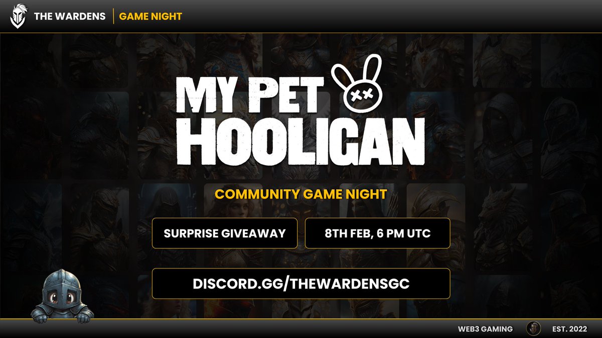 TheWardensGC's tweet photo. Community Game Night Alert! 🐰🥕

We're bringing back the mayhem with another @mypethooligan game night! Don't miss it🎮

Event Details: 
 🗓️ 8th Feb, 6 PM UTC
 🎁 Surprise giveaways by @KG_Limited 
 📍 Wardens Discord
