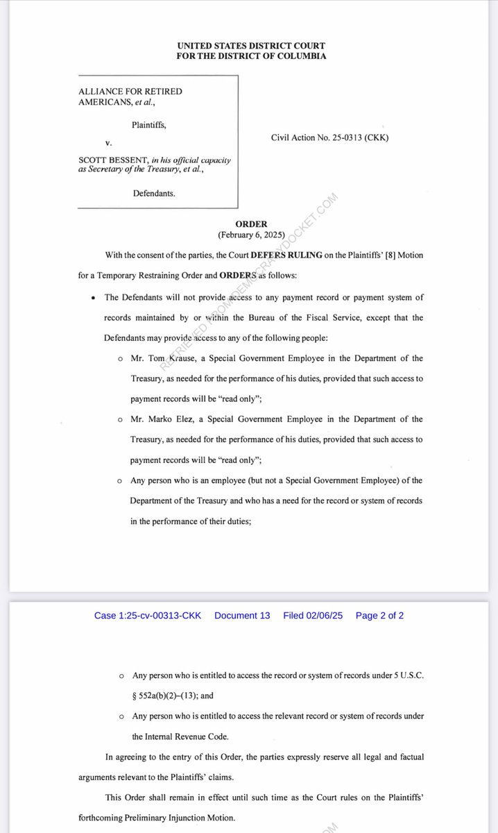 DemocracyDocket's tweet photo. BREAKING: Federal judge in D.C. blocks Musk from accessing sensitive Treasury Department systems and records. More to come. 

Order: https://t.co/nf0T5d5dtG https://t.co/xBMHctgUwu