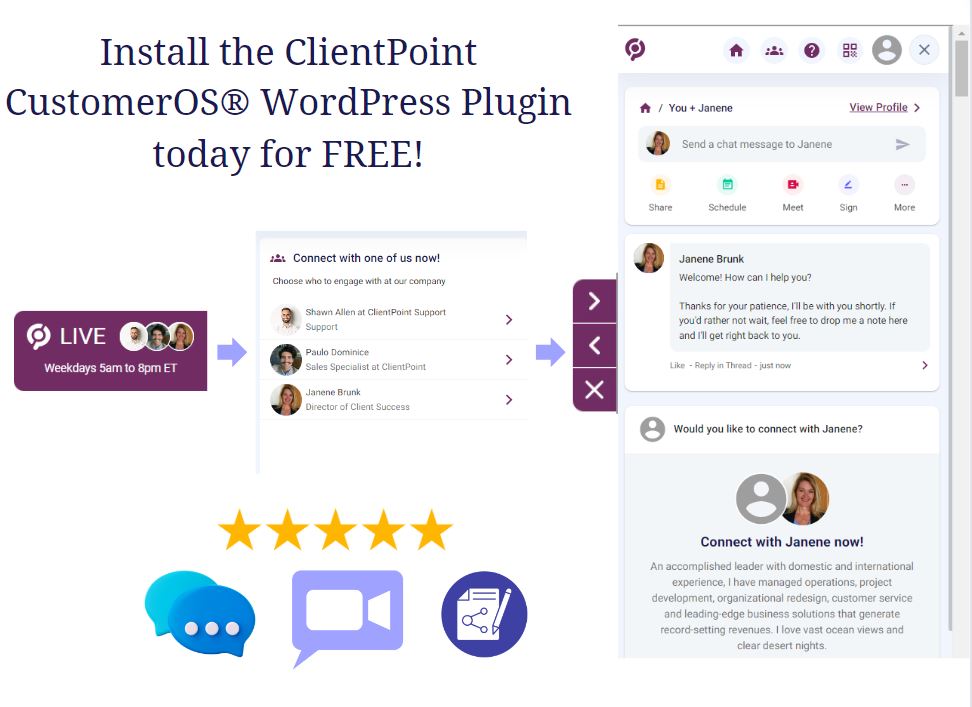 ClientPoint's tweet image. Have you tried the FREE #ClientPoint #CustomerOS® WP Plugin on your WordPress site yet? 💥 It&apos;s a game-changer for live chat and customer and sales support! Message, chat, video meet, file share, and e-sign —all from your website. Try it out today! 👉wordpress.org/plugins/client…